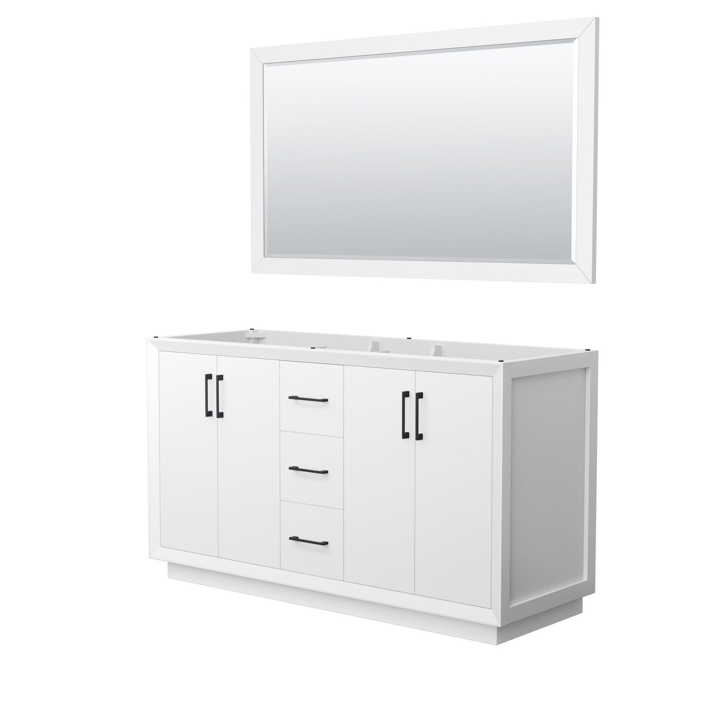 Wyndham Collection Strada 60" Double Bathroom Vanity in White, No Countertop, No Sink, Matte Black Trim, 58" Mirror