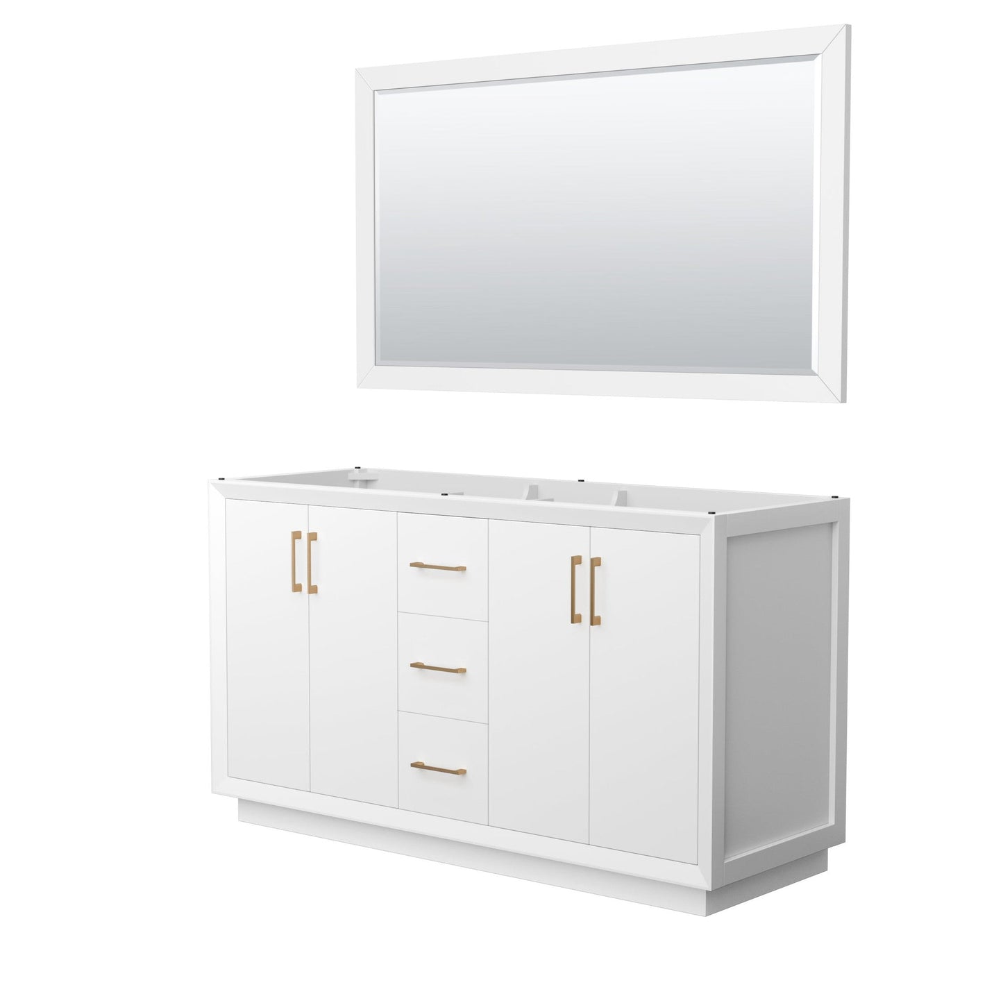 Wyndham Collection Strada 60" Double Bathroom Vanity in White, No Countertop, No Sink, Satin Bronze Trim, 58" Mirror