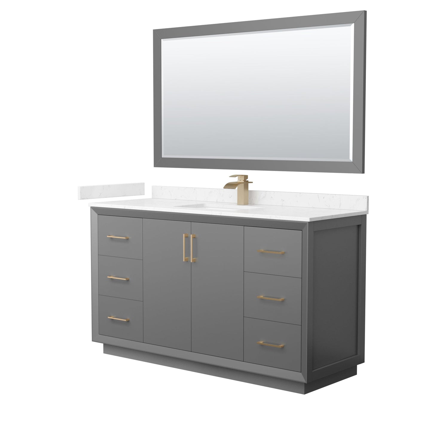 Wyndham Collection Strada 60" Single Bathroom Vanity in Dark Gray, Carrara Cultured Marble Countertop, Undermount Square Sink, Satin Bronze Trim, 58" Mirror