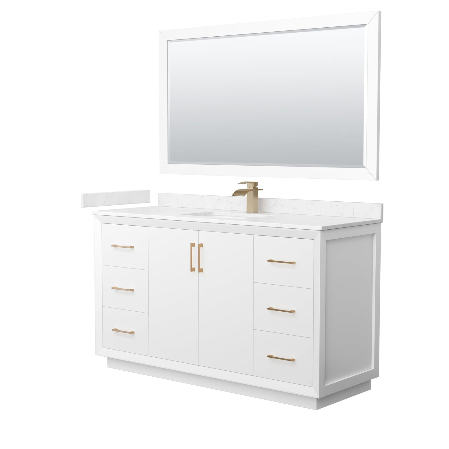 Wyndham Collection Strada 60" Single Bathroom Vanity in White, Carrara Cultured Marble Countertop, Undermount Square Sink, Satin Bronze Trim, 58" Mirror