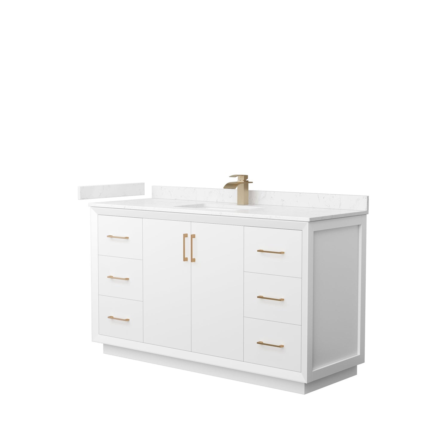Wyndham Collection Strada 60" Single Bathroom Vanity in White, Carrara Cultured Marble Countertop, Undermount Square Sink, Satin Bronze Trim