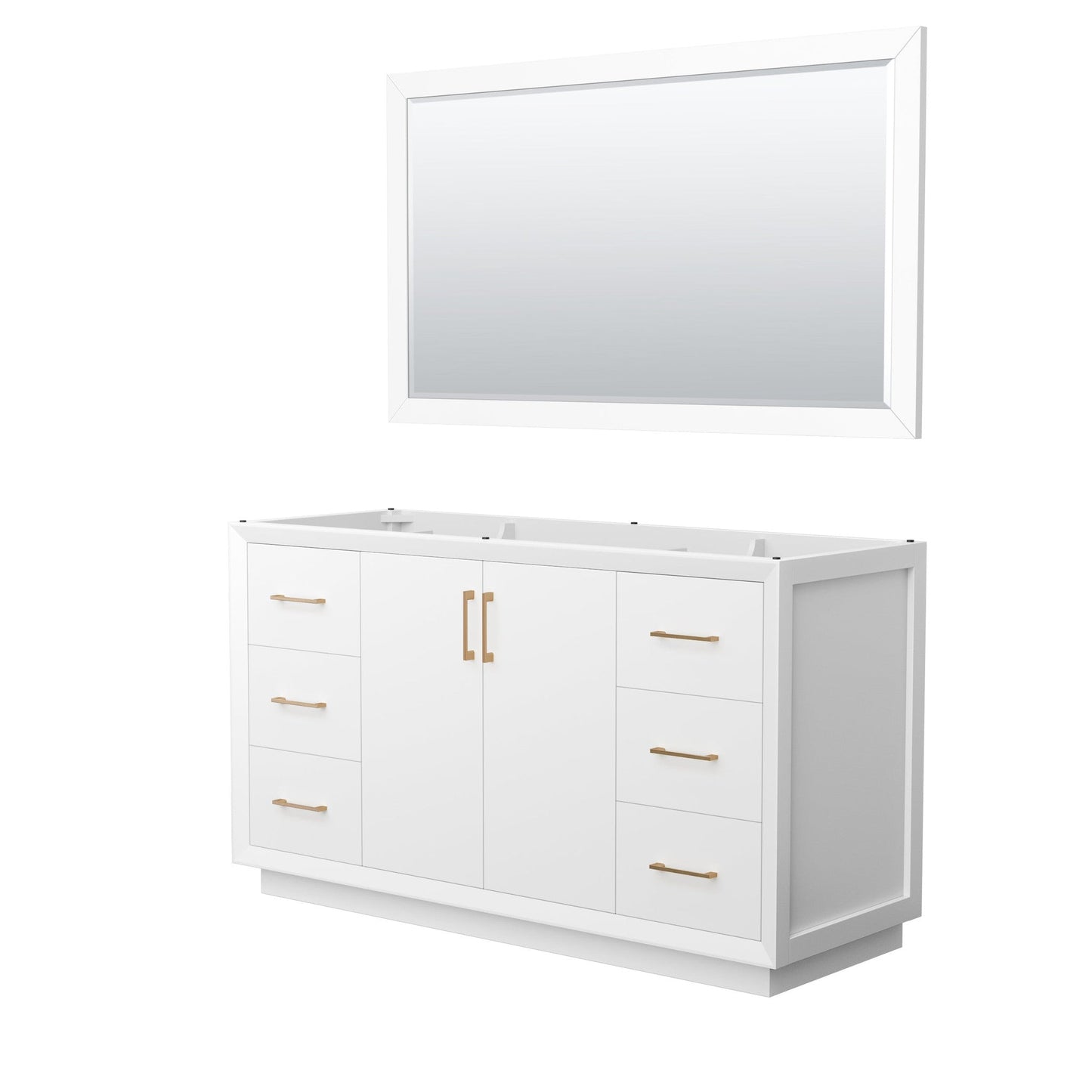 Wyndham Collection Strada 60" Single Bathroom Vanity in White, No Countertop, No Sink, Satin Bronze Trim, 58" Mirror