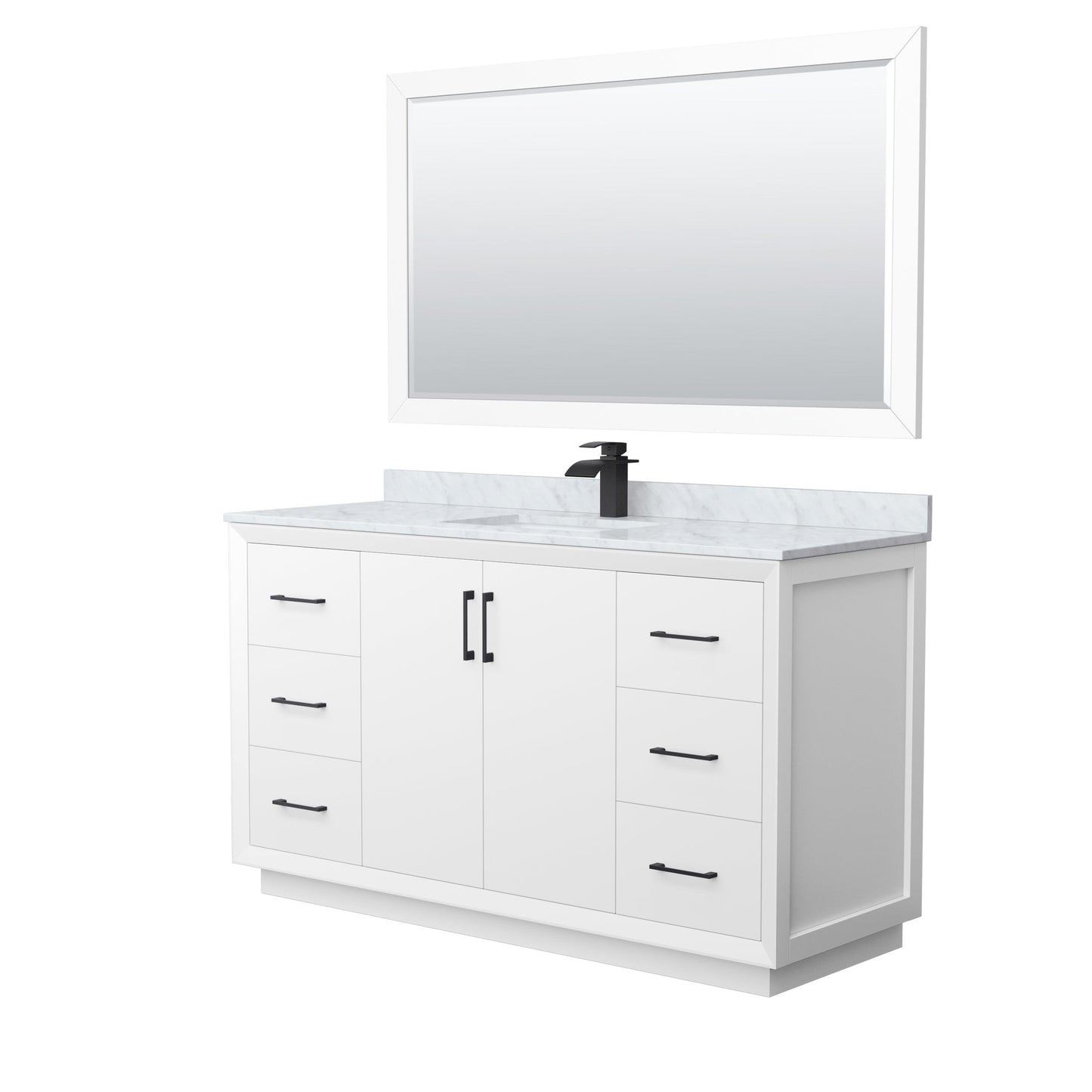Wyndham Collection Strada 60" Single Bathroom Vanity in White, White Carrara Marble Countertop, Undermount Square Sink, Matte Black Trim, 58" Mirror