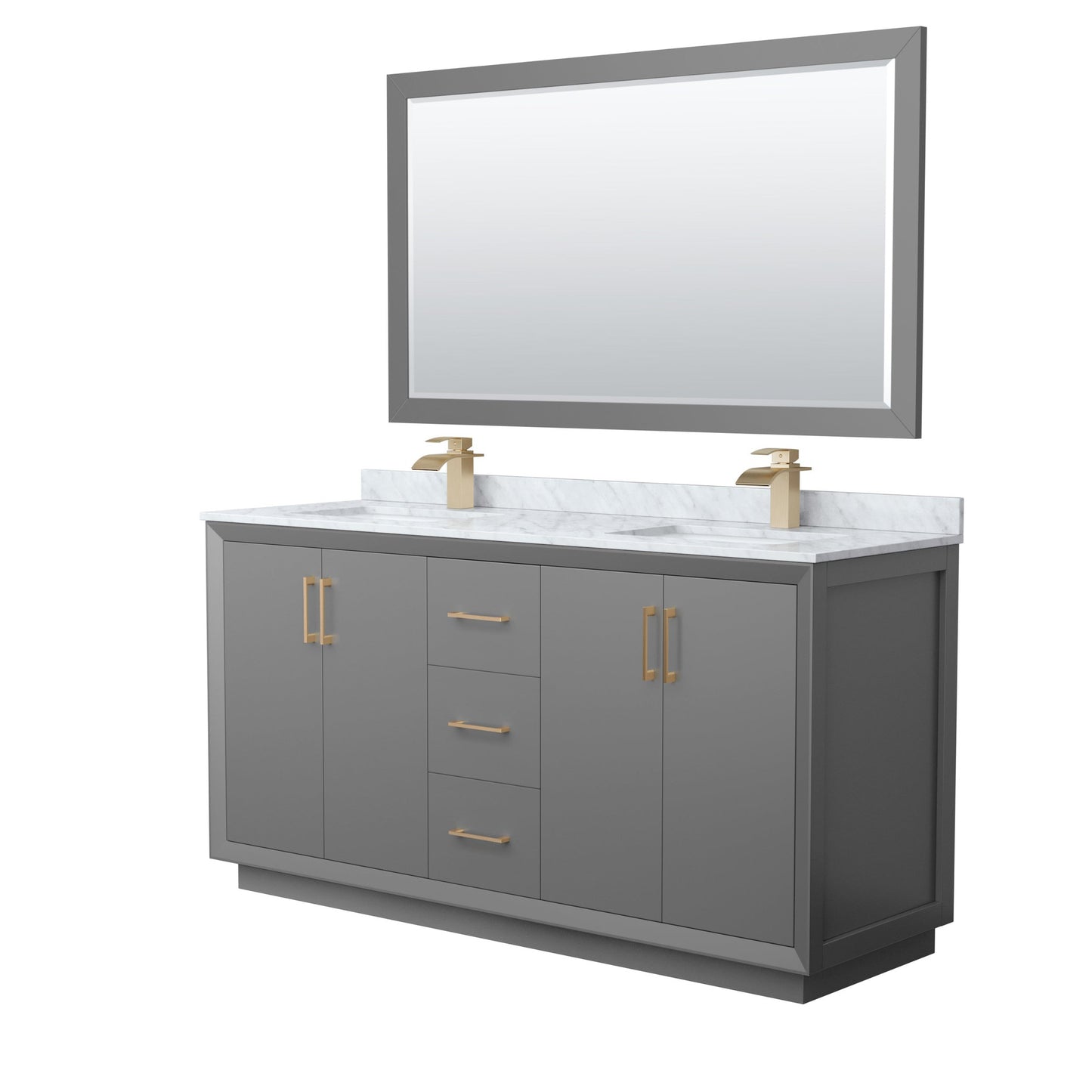 Wyndham Collection Strada 66" Double Bathroom Vanity in Dark Gray, White Carrara Marble Countertop, Undermount Square Sink, Satin Bronze Trim, 58" Mirror