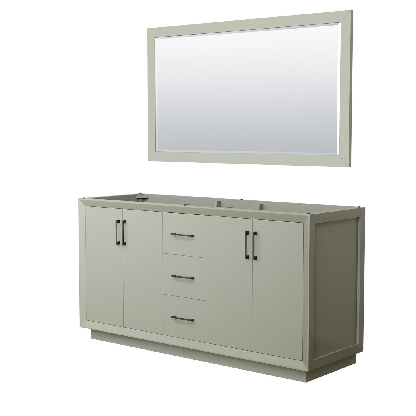 Wyndham Collection Strada 66" Double Bathroom Vanity in Light Green, No Countertop, No Sink, Matte Black Trim, 58" Mirror