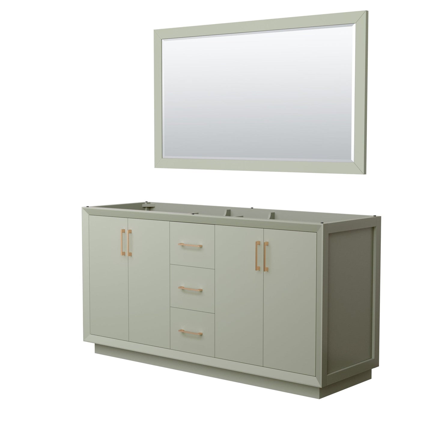 Wyndham Collection Strada 66" Double Bathroom Vanity in Light Green, No Countertop, No Sink, Satin Bronze Trim, 58" Mirror