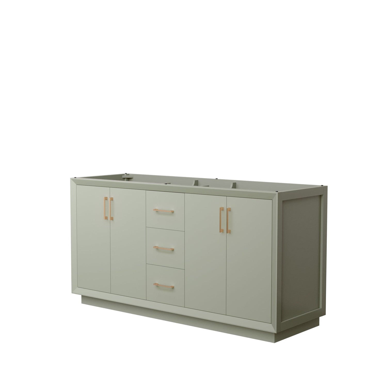 Wyndham Collection Strada 66" Double Bathroom Vanity in Light Green, No Countertop, No Sink, Satin Bronze Trim