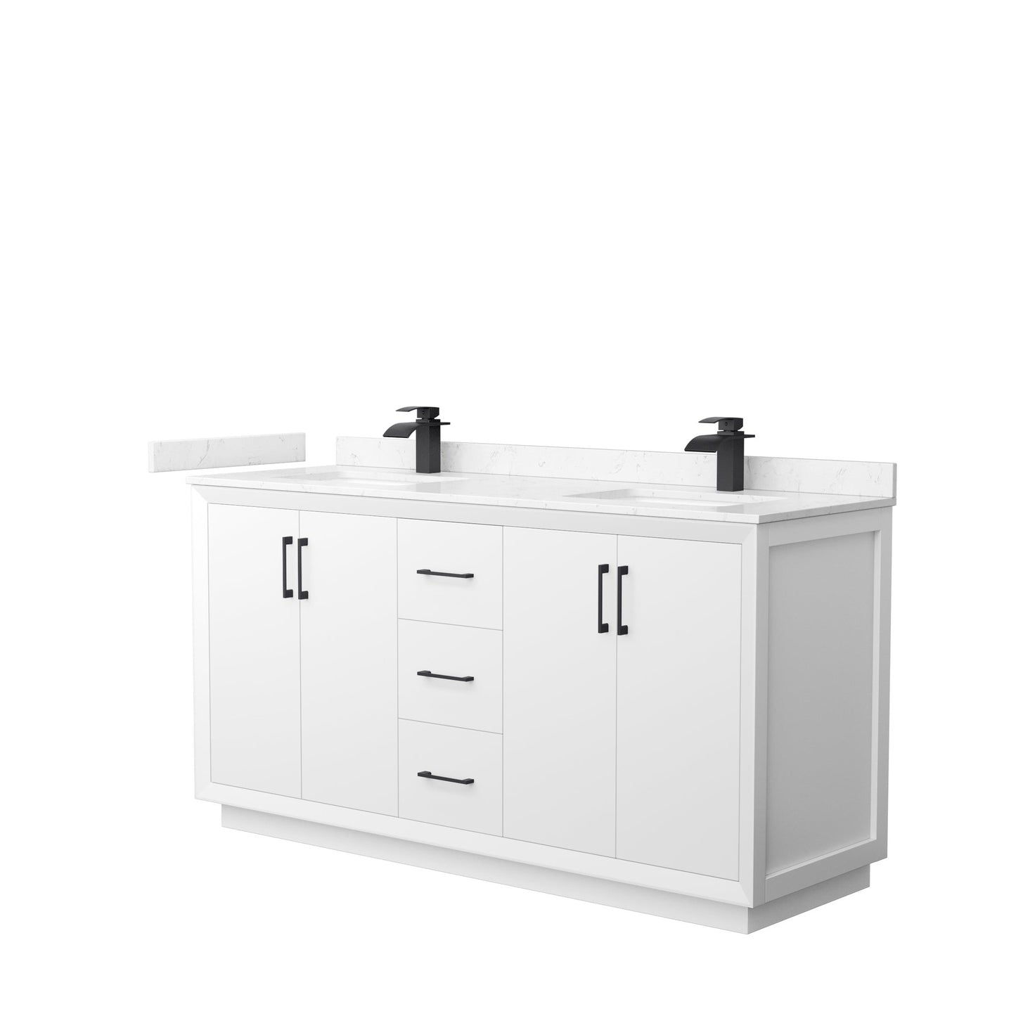 Wyndham Collection Strada 66" Double Bathroom Vanity in White, Carrara Cultured Marble Countertop, Undermount Square Sink, Matte Black Trim