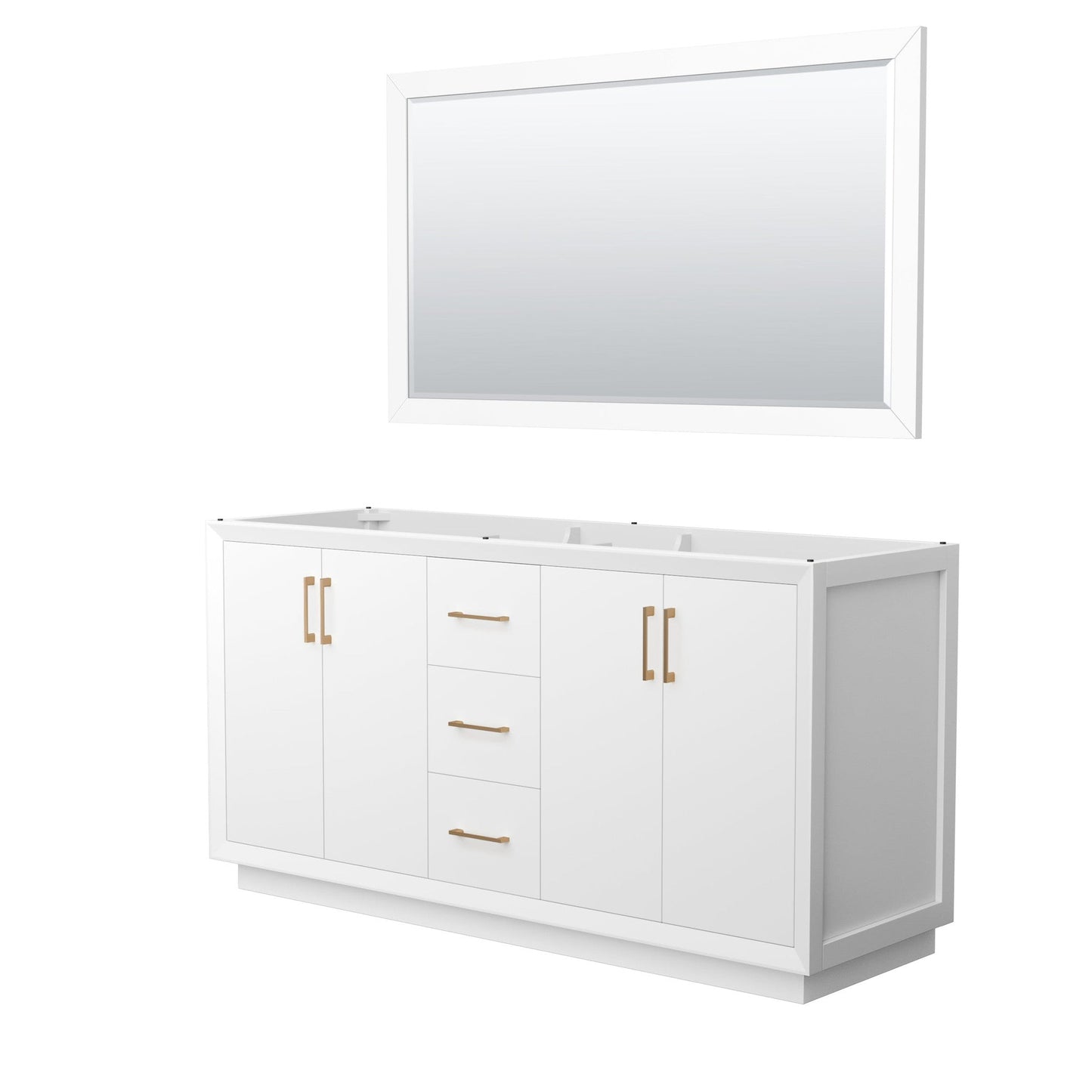 Wyndham Collection Strada 66" Double Bathroom Vanity in White, No Countertop, No Sink, Satin Bronze Trim, 58" Mirror