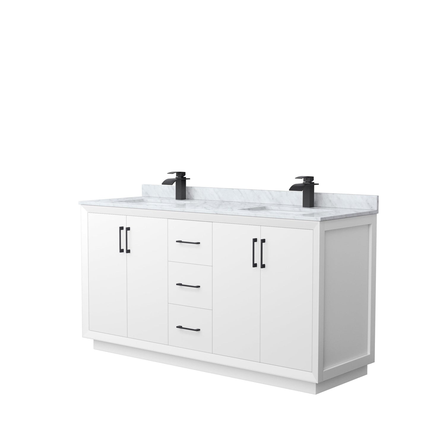 Wyndham Collection Strada 66" Double Bathroom Vanity in White, White Carrara Marble Countertop, Undermount Square Sink, Matte Black Trim