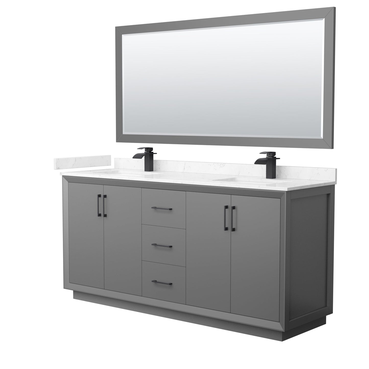 Wyndham Collection Strada 72" Double Bathroom Vanity in Dark Gray, Carrara Cultured Marble Countertop, Undermount Square Sink, Matte Black Trim, 70" Mirror