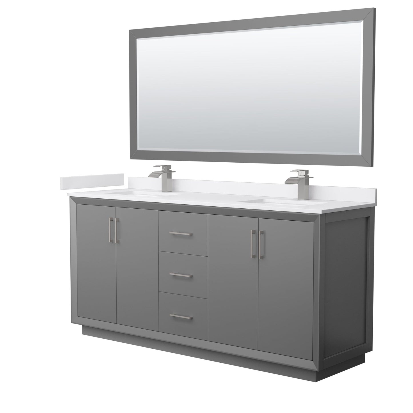 Wyndham Collection Strada 72" Double Bathroom Vanity in Dark Gray, White Cultured Marble Countertop, Undermount Square Sink, Brushed Nickel Trim, 70" Mirror