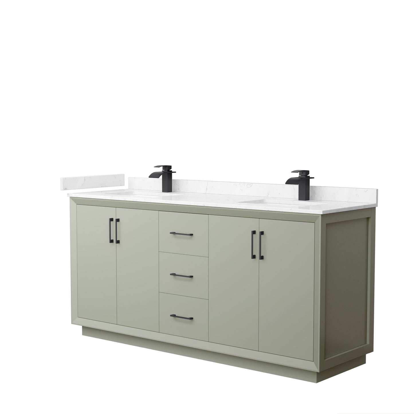 Wyndham Collection Strada 72" Double Bathroom Vanity in Light Green, Carrara Cultured Marble Countertop, Undermount Square Sinks, Matte Black Trim