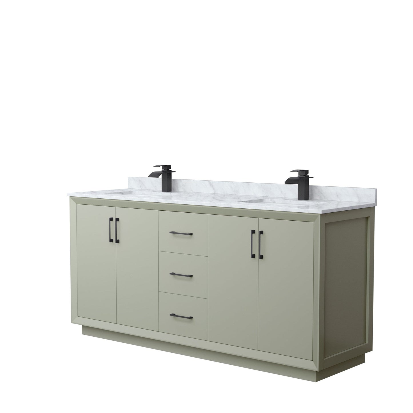 Wyndham Collection Strada 72" Double Bathroom Vanity in Light Green, White Carrara Marble Countertop, Undermount Square Sinks, Matte Black Trim