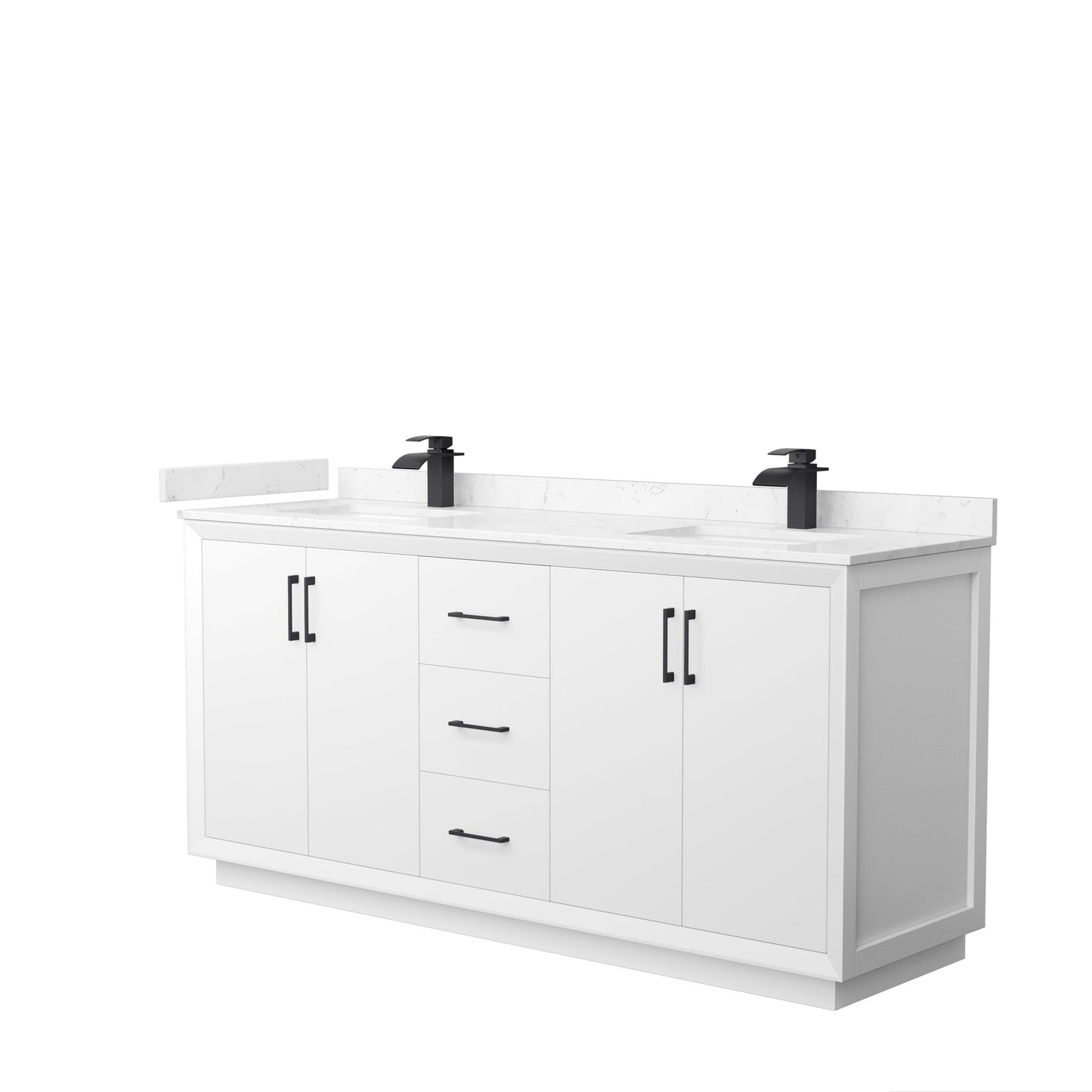 Wyndham Collection Strada 72" Double Bathroom Vanity in White, Carrara Cultured Marble Countertop, Undermount Square Sink, Matte Black Trim