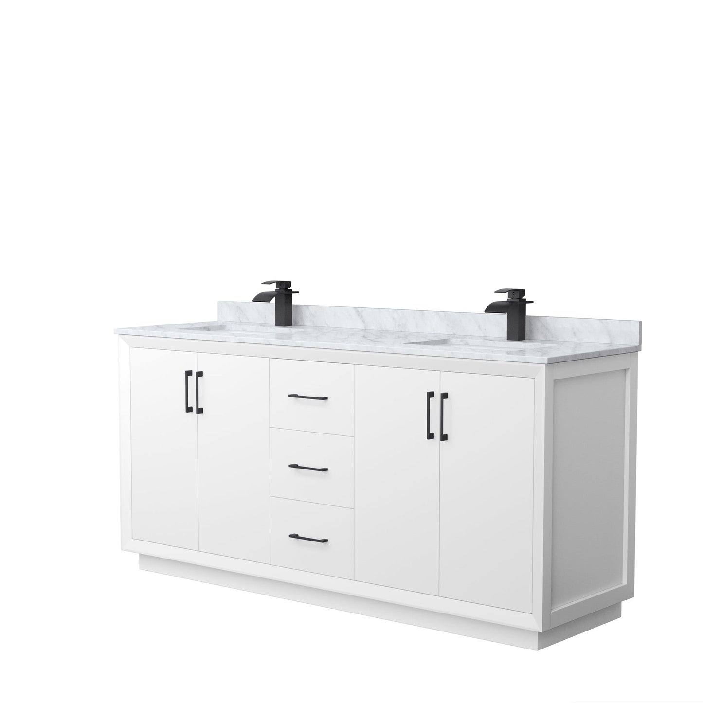 Wyndham Collection Strada 72" Double Bathroom Vanity in White, White Carrara Marble Countertop, Undermount Square Sink, Matte Black Trim