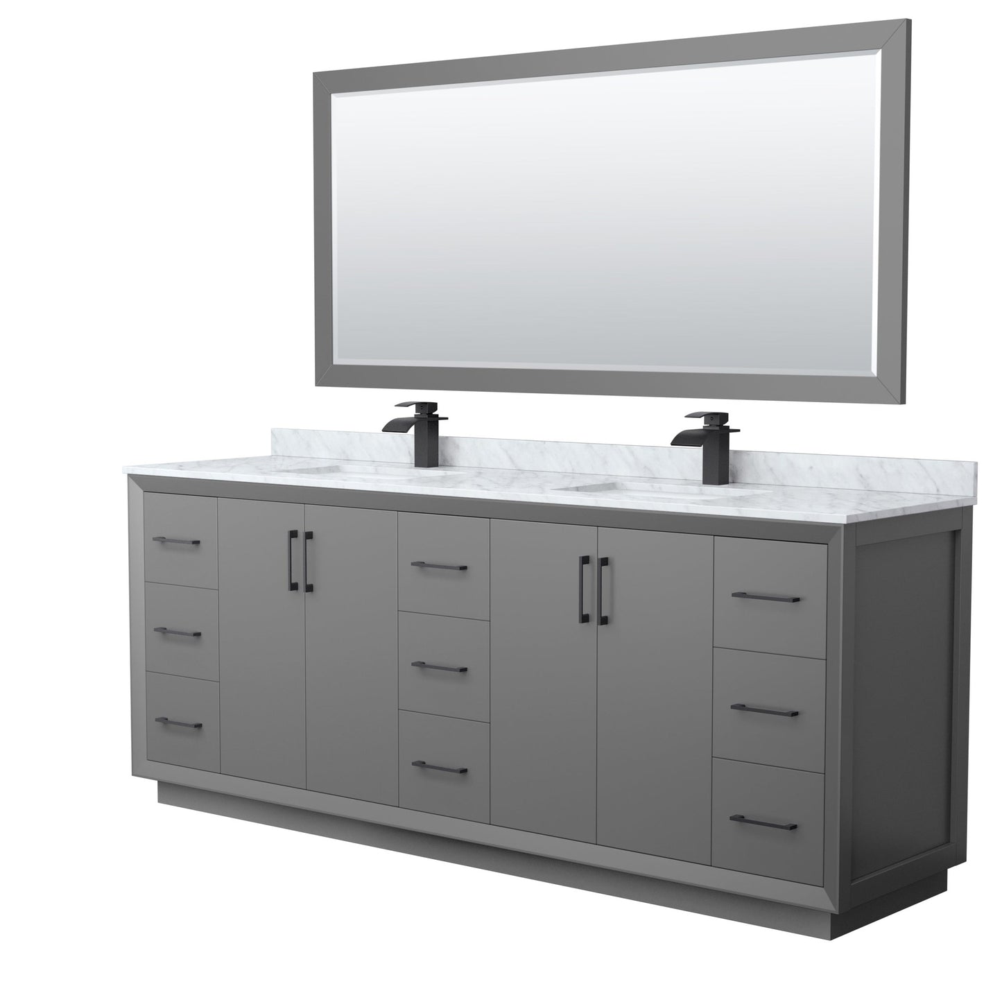 Wyndham Collection Strada 84" Double Bathroom Vanity in Dark Gray, White Carrara Marble Countertop, Undermount Square Sink, Matte Black Trim, 70" Mirror
