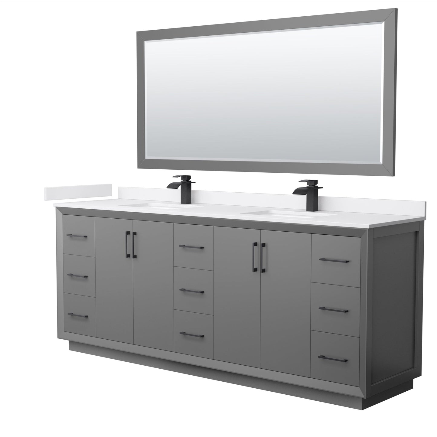 Wyndham Collection Strada 84" Double Bathroom Vanity in Dark Gray, White Cultured Marble Countertop, Undermount Square Sink, Matte Black Trim, 70" Mirror