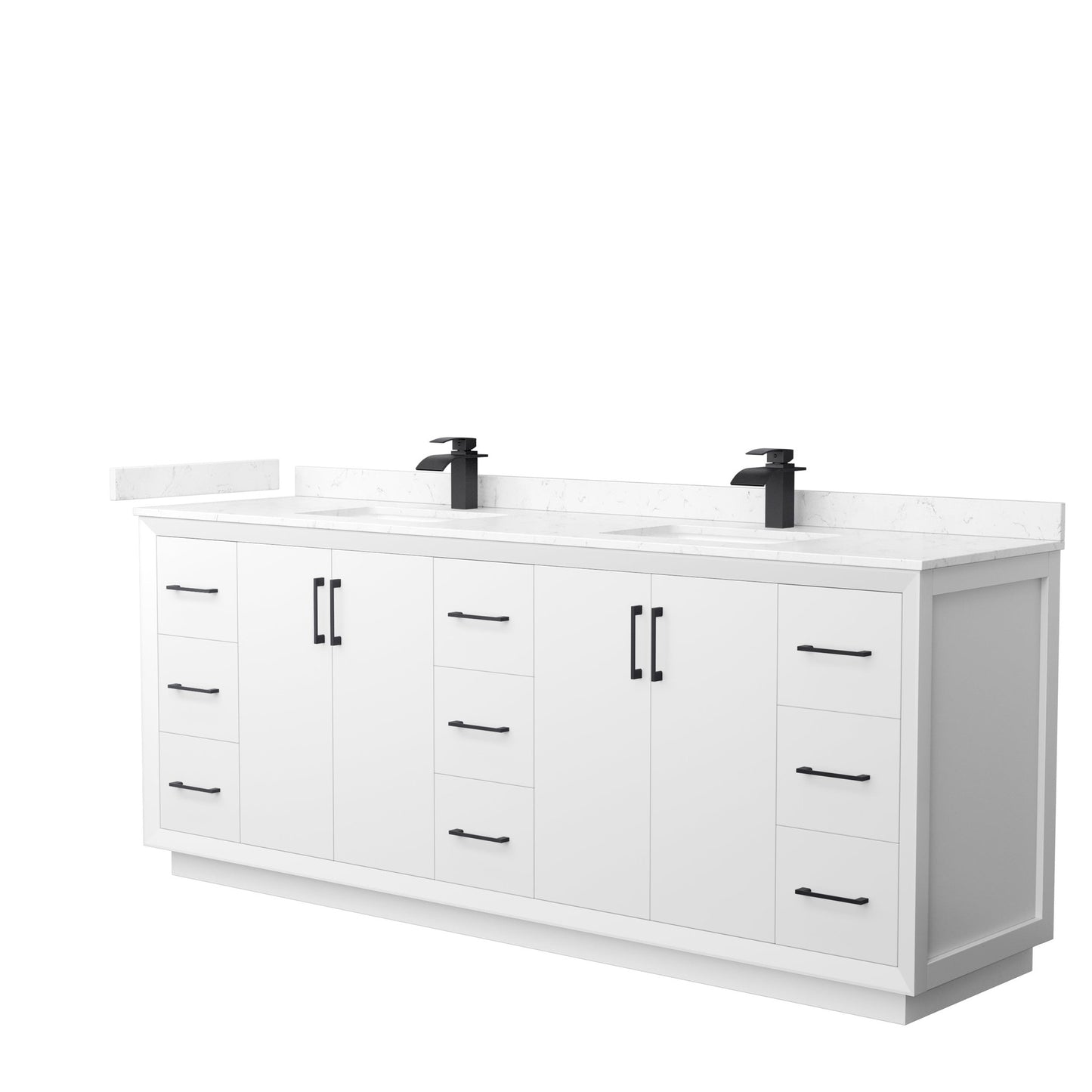 Wyndham Collection Strada 84" Double Bathroom Vanity in White, Carrara Cultured Marble Countertop, Undermount Square Sink, Matte Black Trim