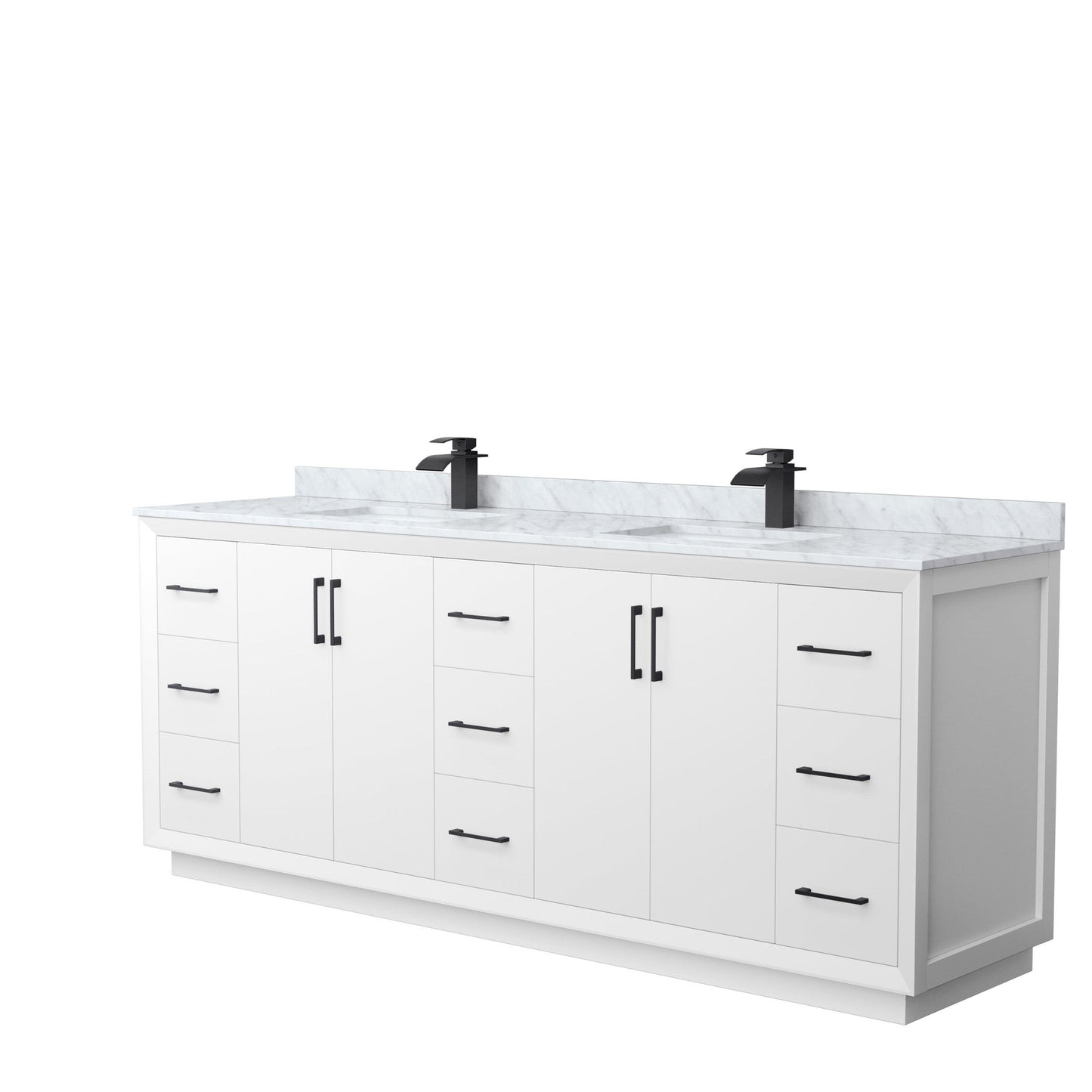 Wyndham Collection Strada 84" Double Bathroom Vanity in White, White Carrara Marble Countertop, Undermount Square Sink, Matte Black Trim