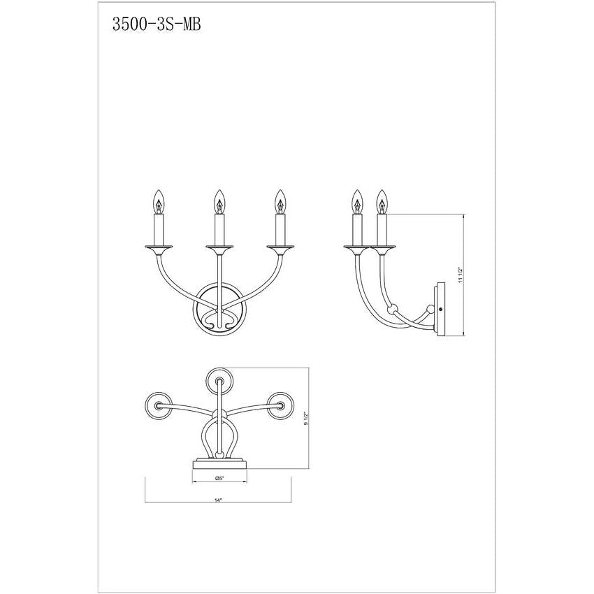 Z-Lite Arabella 3-Light Candelabra Matte Black Steel Frame Wall Sconce