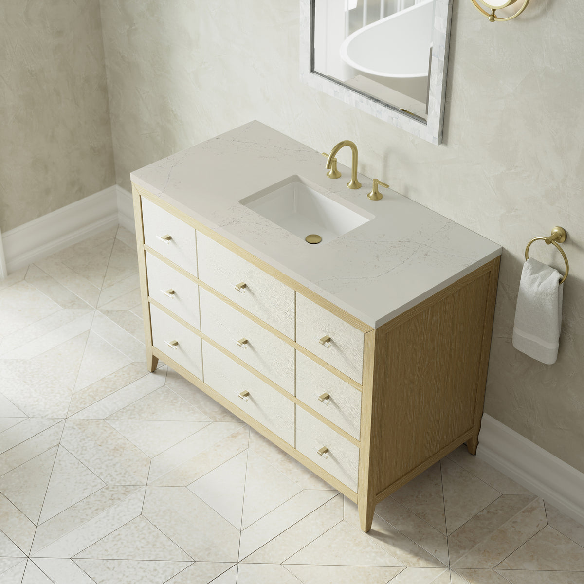 James Martin Vanities Celeste 48" Sunwashed Oak with Embossed Shagreen Single Vanity With 3 CM Siberian Silestone Top and FreePower Wireless Charger