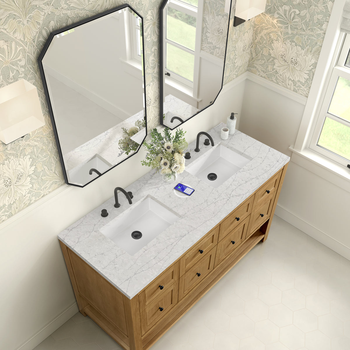James Martin Vanities Breckenridge 60" Light Natural Oak Double Vanity With 3cm Eternal Jasmine Pearl Quartz Top and FreePower Wireless Charger