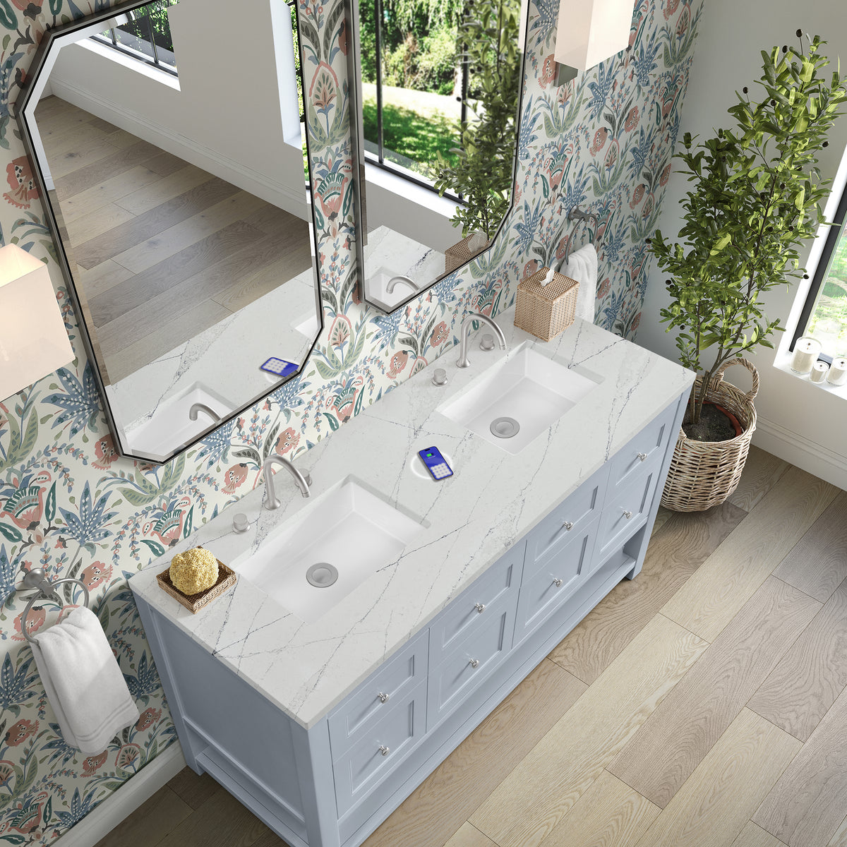 James Martin Vanities Breckenridge 60" Serenity Blue Double Vanity With 3cm Ethereal Noctis Quartz Top and FreePower Wireless Charger