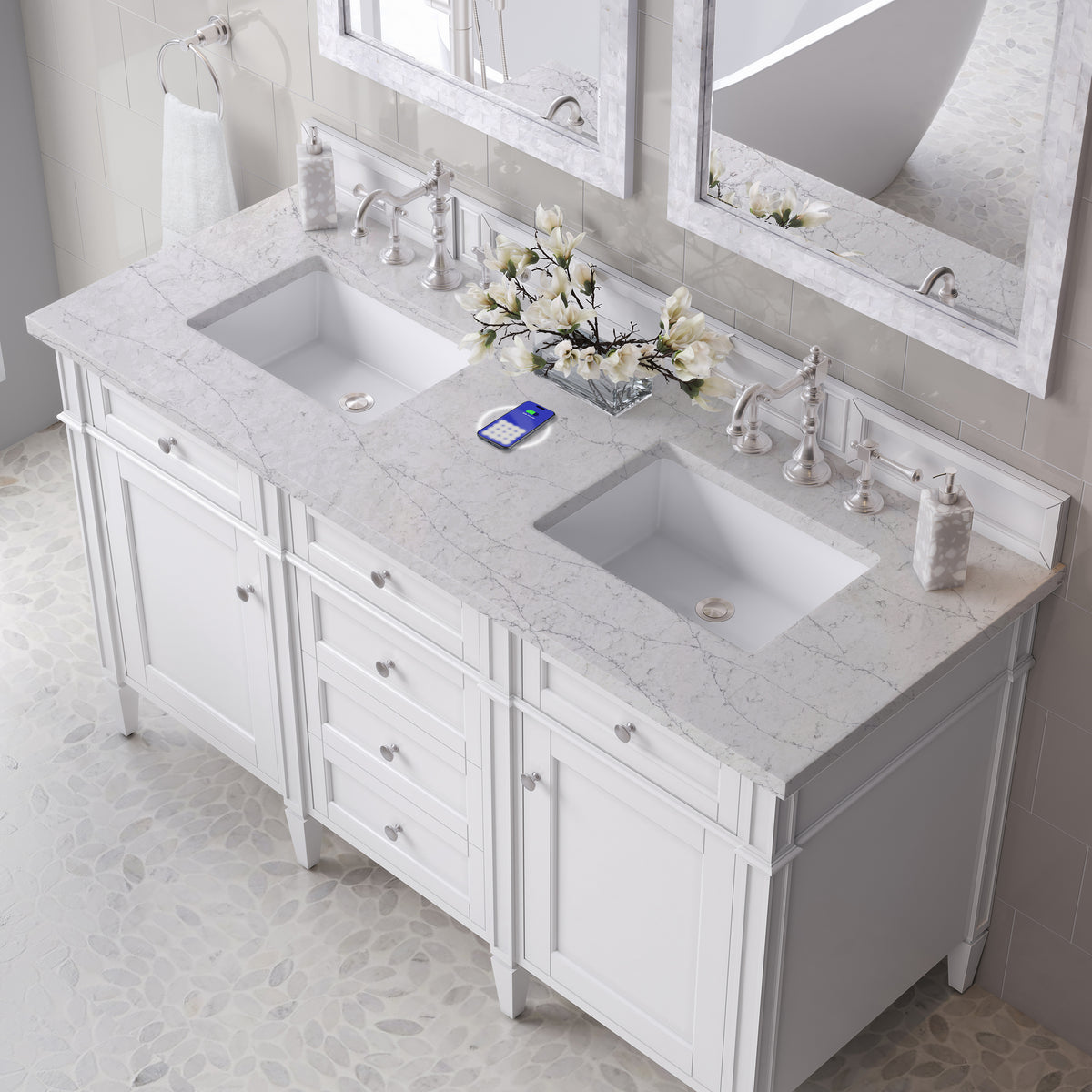 James Martin Vanities Brittany 60" Bright White Vanity Double Vanity With 3 CM Eternal Jasmine Pearl Silestone Top and FreePower Wireless Charger
