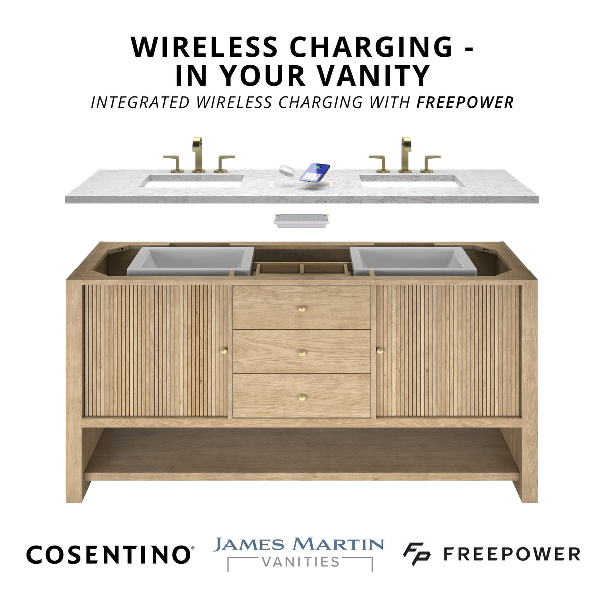 James Martin Vanities Brittany 72" Bright White Double Vanity With 3 CM Siberian Silestone Top and FreePower Wireless Charger