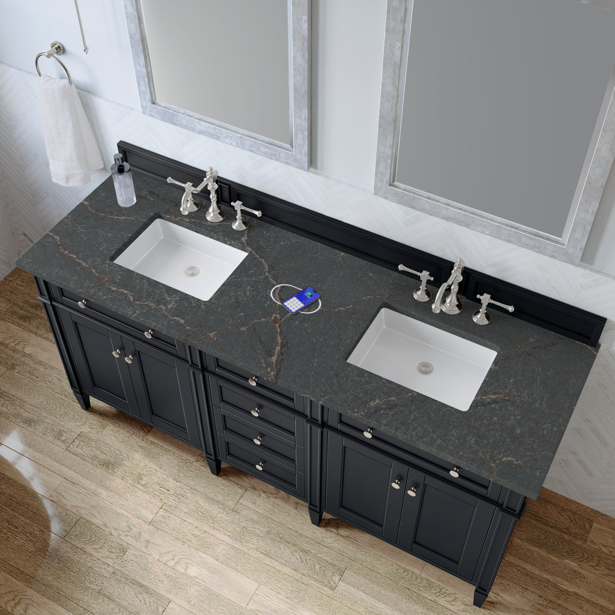 James Martin Vanities Brittany 72" Black Onyx Double Vanity With 3 CM Parisien Bleu Silestone Top and FreePower Wireless Charger