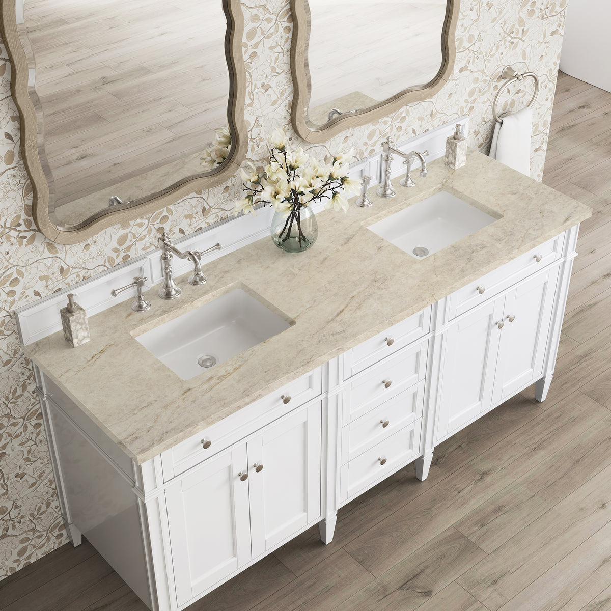 James Martin Vanities Brittany 72" Bright White Double Vanity With 3 CM Tajnar Eclos Top