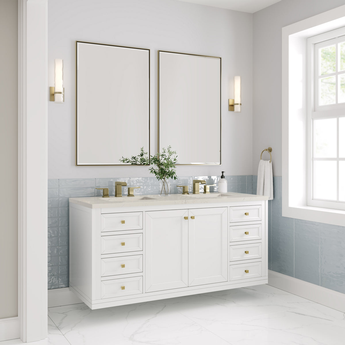 James Martin Vanities Chicago 60" Glossy White Double Vanity With 3 CM Siberian Silestone Top and FreePower Wireless Charger