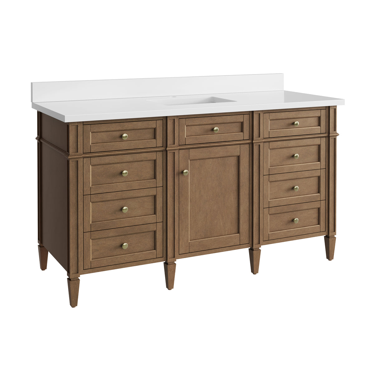 James Martin Vanities Brittany 60" Pecan Single Vanity With Single Hole 3 CM White Zeus Silestone Top and Matching Backsplash