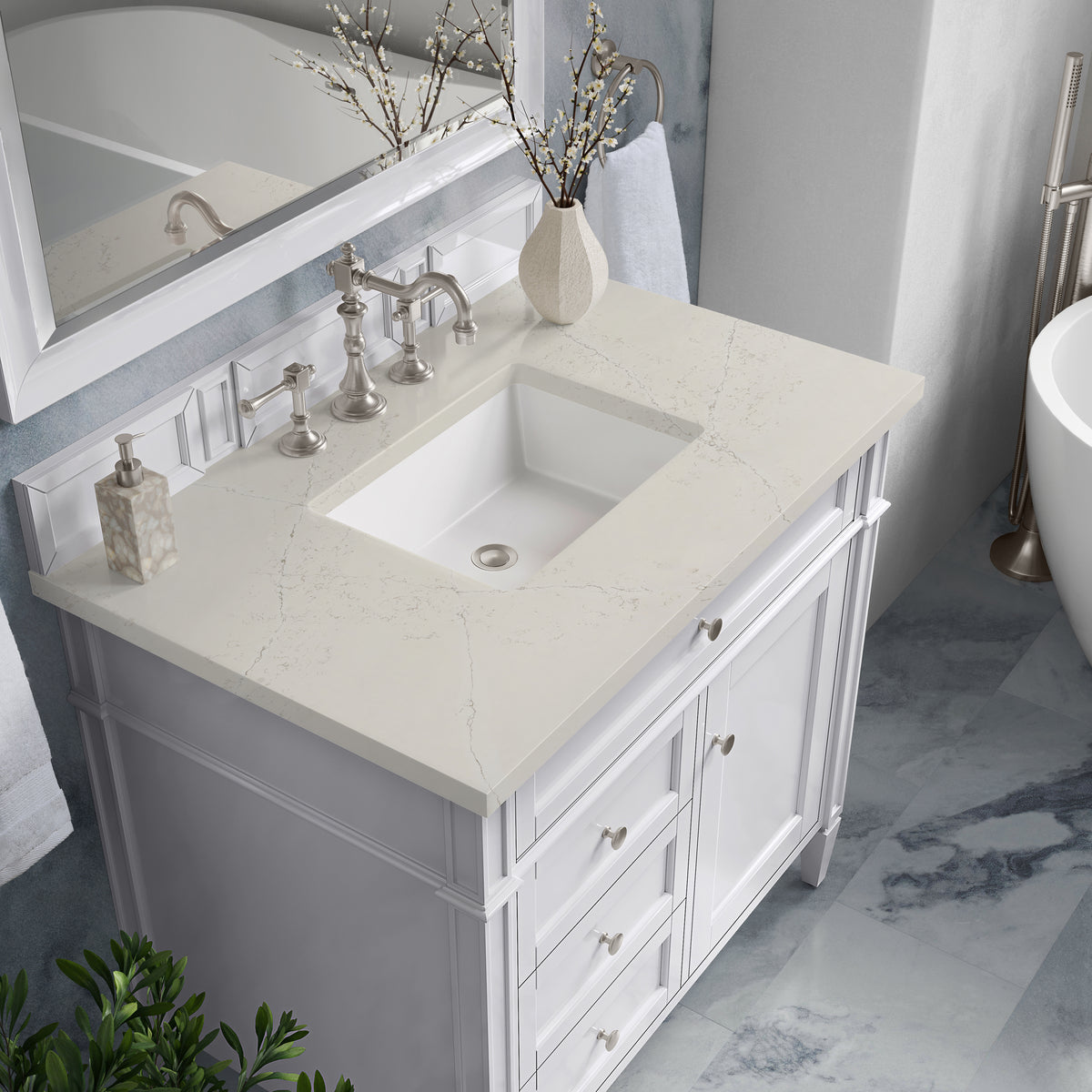 James Martin Vanities Brittany 36" Bright White Single Vanity With 3 CM Siberian Silestone Top
