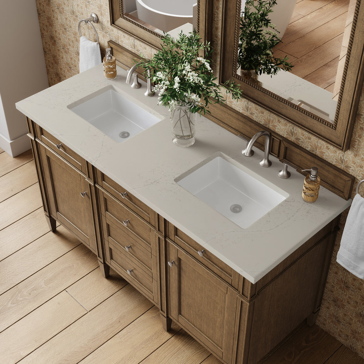 James Martin Vanities Brittany 60" Saddle Brown Double Vanity With 3 CM Siberian Silestone Top
