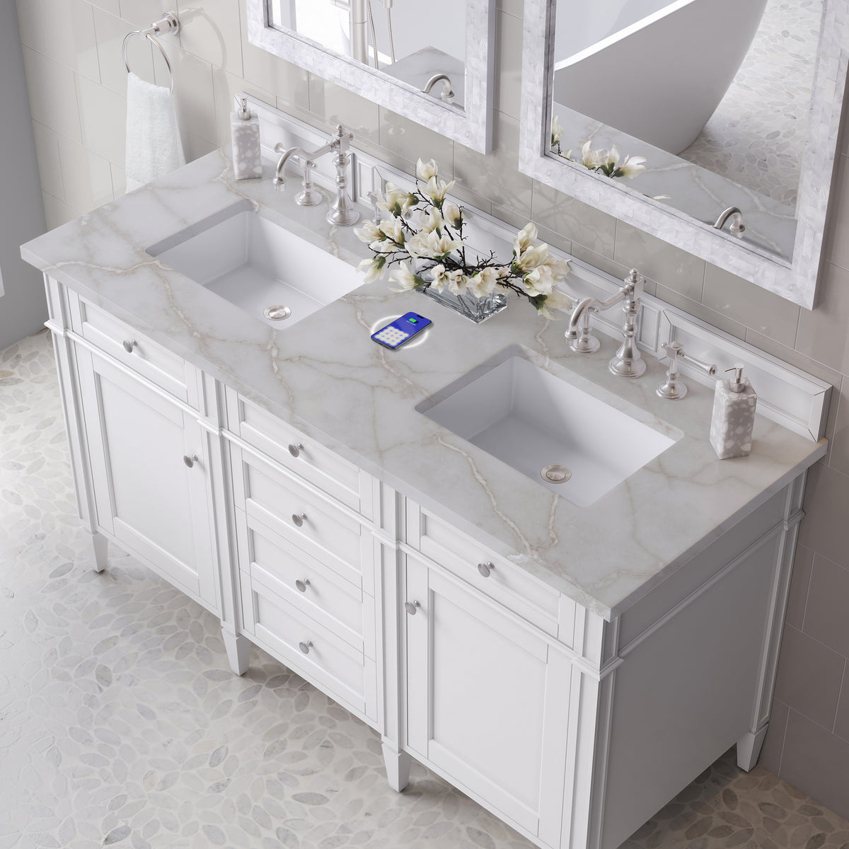 James Martin Vanities Brittany 60" Bright White Vanity Double Vanity With 3 CM Victorian Silver Silestone Top and FreePower Wireless Charger