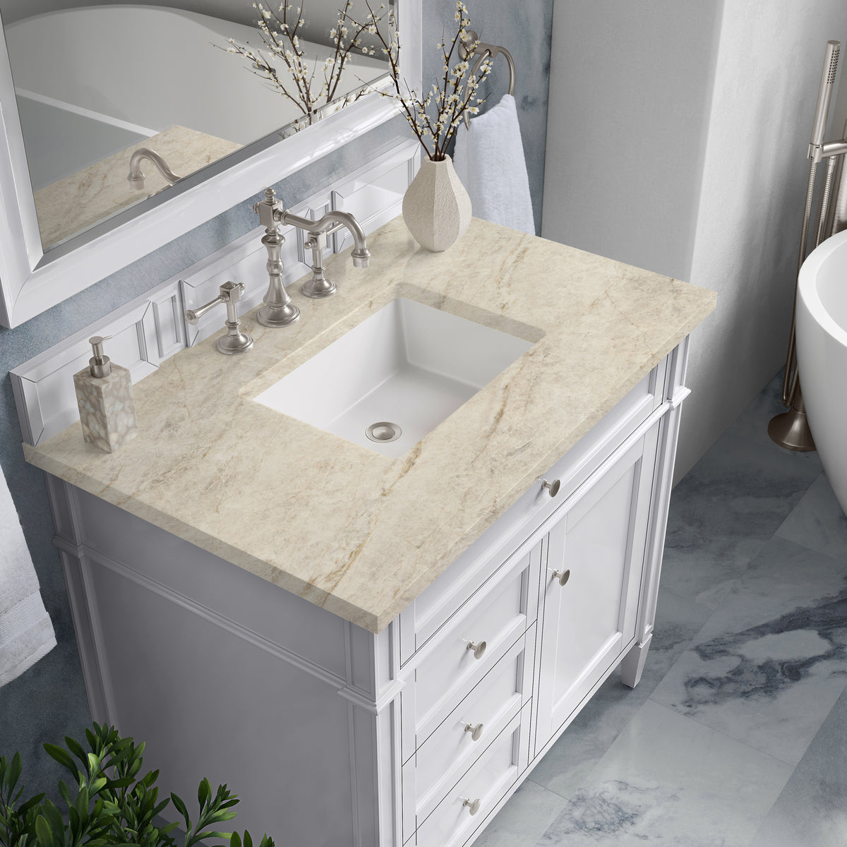 James Martin Vanities Brittany 36" Bright White Single Vanity With 3 CM Tajnar Eclos Top