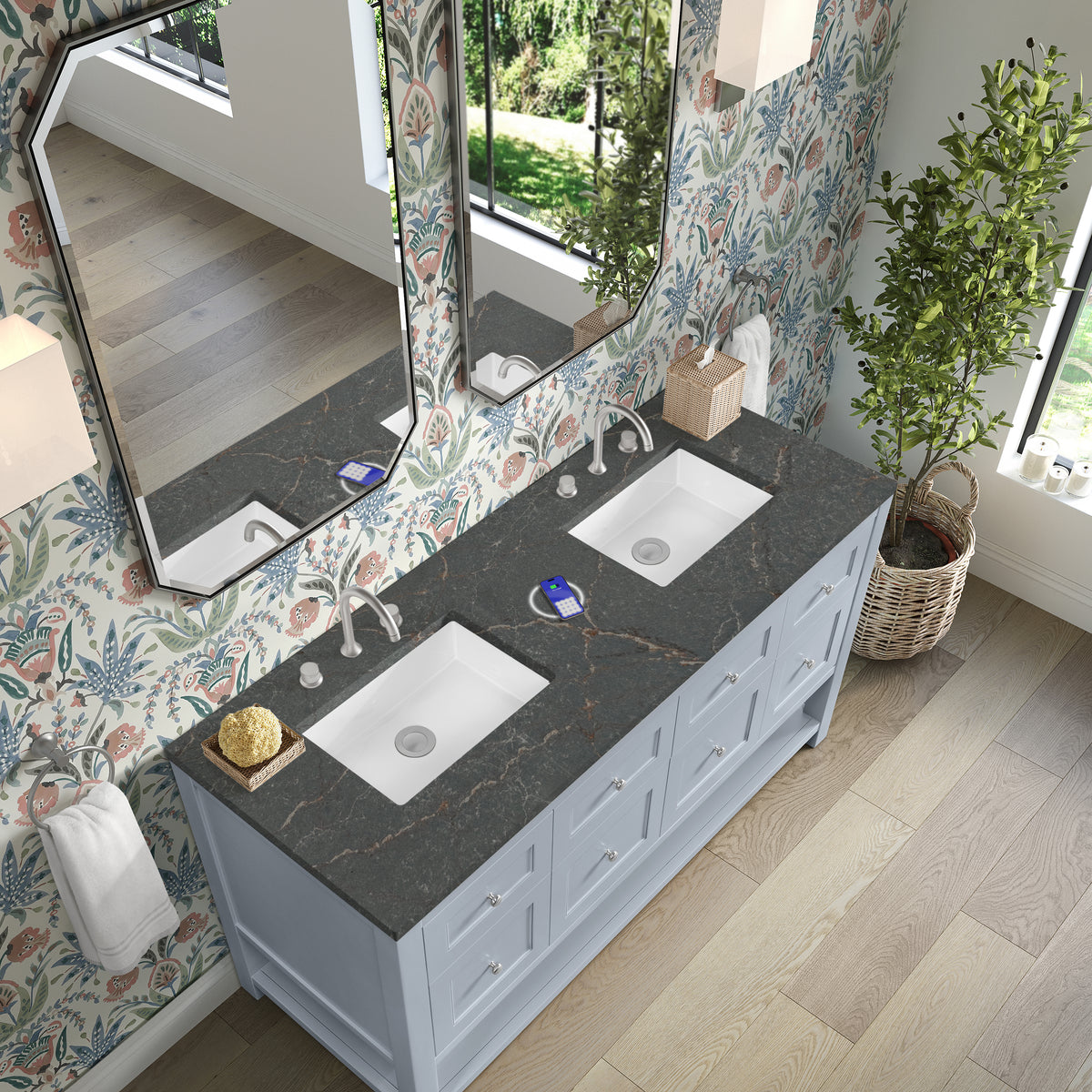 James Martin Vanities Breckenridge 60" Serenity Blue Double Vanity With 3cm Parisien Bleu Top and FreePower Wireless Charger