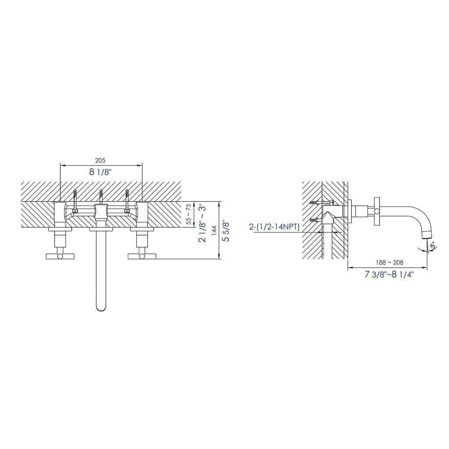 ALFI Brand AB1035-BN Brushed Nickel Wall-Mounted Widespread Round Spout Brass Bathroom Sink Faucet With Two Cross Handles