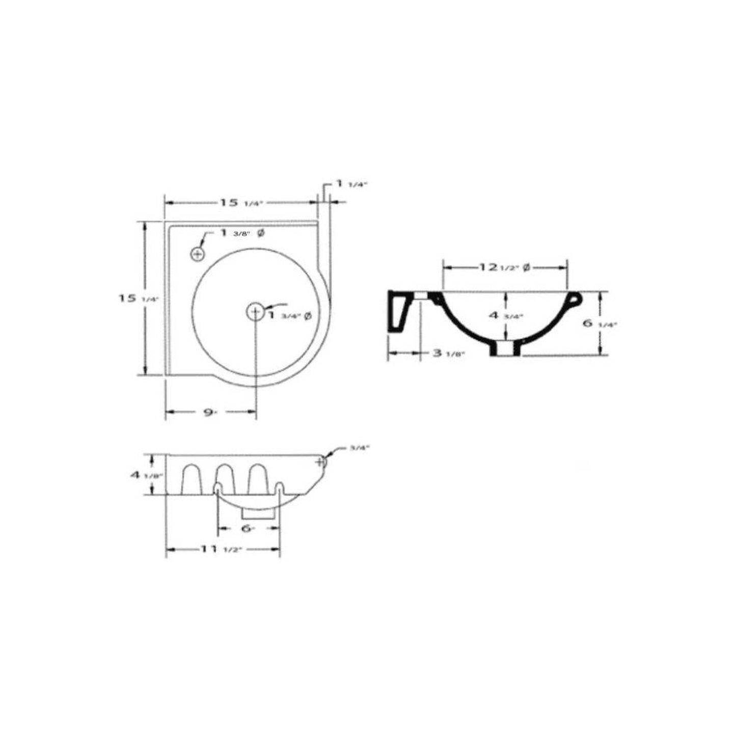 ALFI Brand AB104 15" White Wall-Mounted Corner Round Ceramic Bathroom Sink With Single Faucet Hole