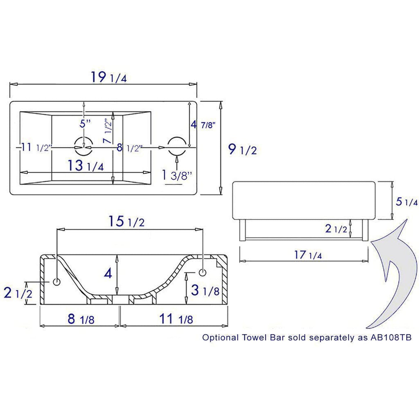 ALFI Brand AB108 20" White Wall-Mounted Rectangle Ceramic Bathroom Sink With Single Faucet Hole