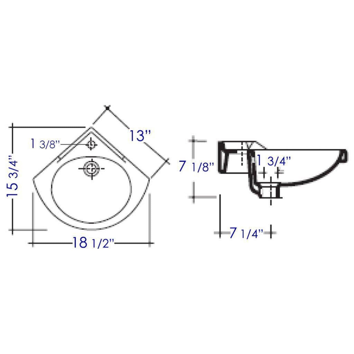 ALFI Brand AB109 19" White Wall-Mounted Corner Ceramic Bathroom Sink With Single Faucet Hole and Overflow