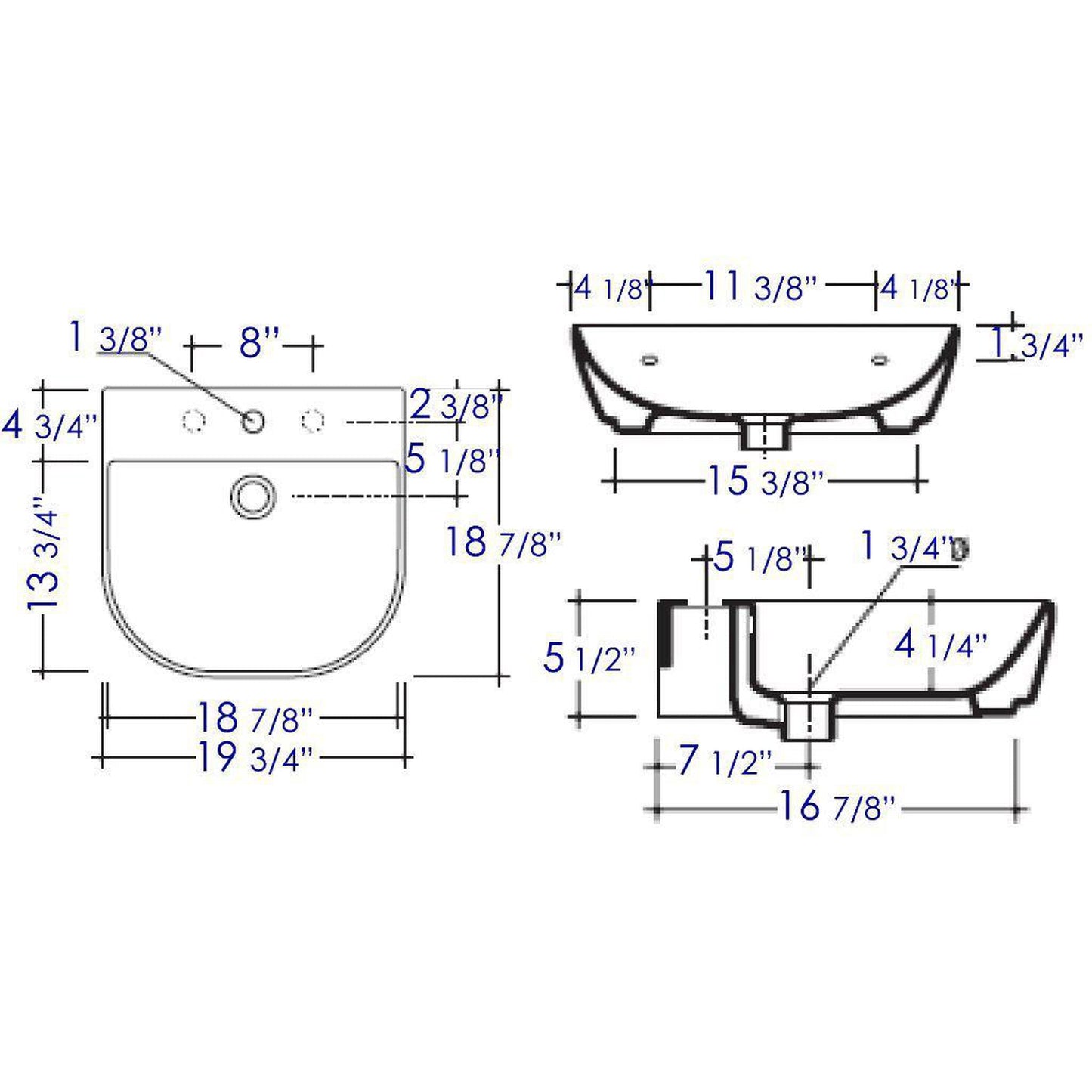 ALFI Brand AB110 20" White Wall-Mounted D-Shaped Ceramic Bathroom Sink With Single Faucet Hole and Overflow