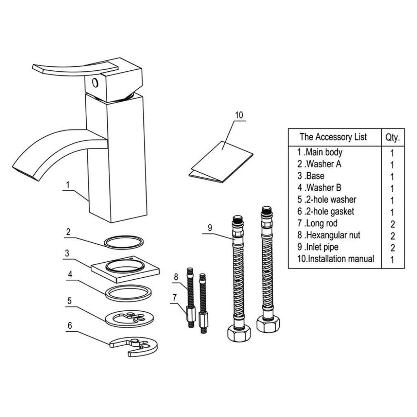 ALFI Brand AB1258-BN Brushed Nickel Single Hole Square Body Curved Spout Brass Bathroom Sink Faucet With Single Lever