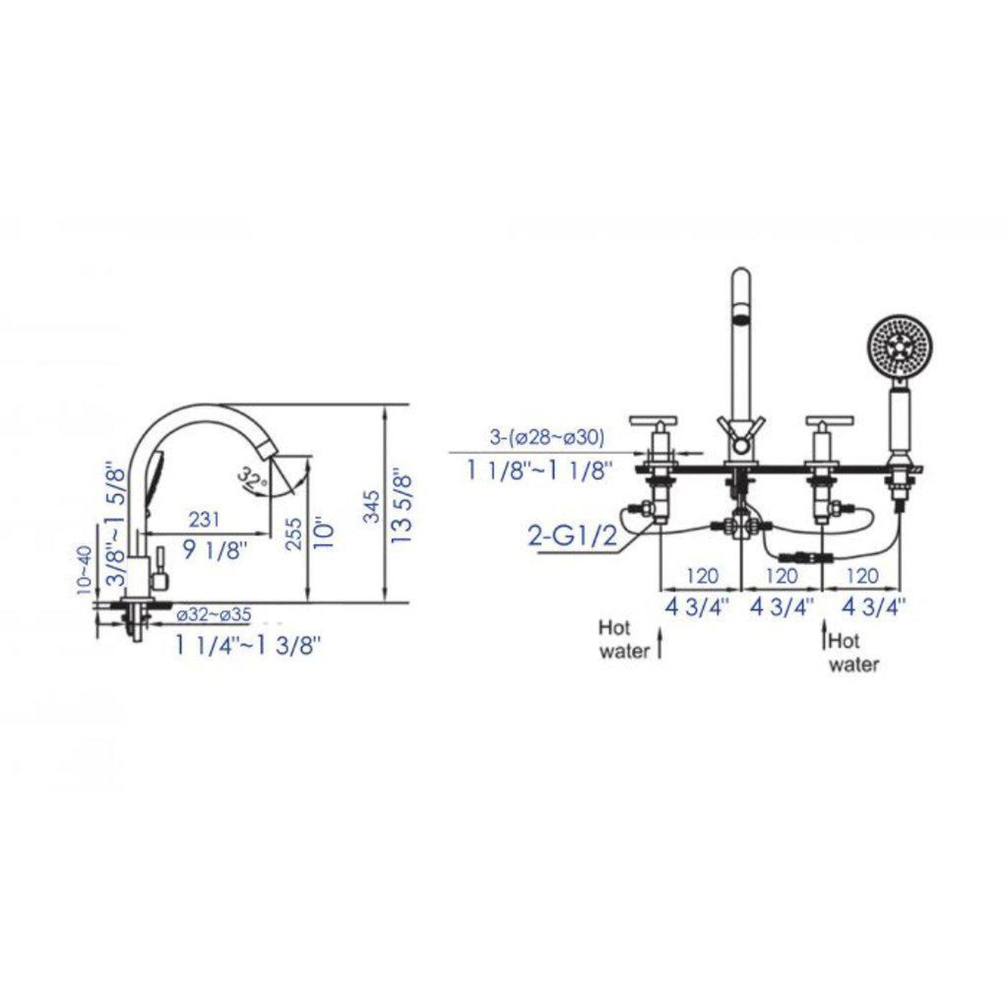ALFI Brand AB2503-PC Polished Chrome Deck Mounted Tub Filler With Round Hand Held Showerhead