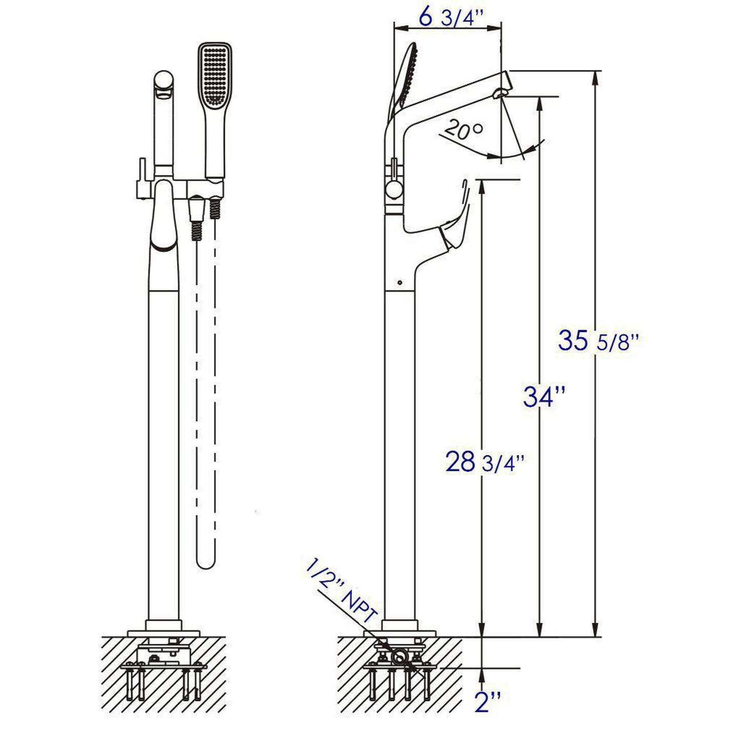 ALFI Brand AB2758-PC Polished Chrome Floor Mounted Tub Filler + Mixer With Round Hand Held Shower Head