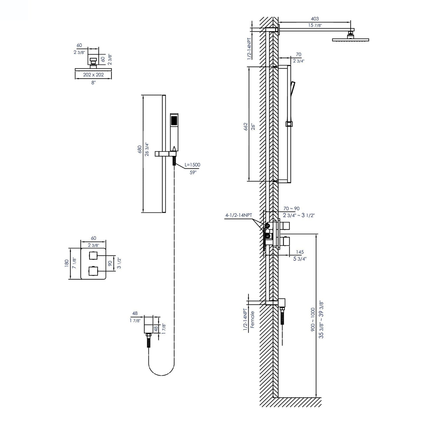 ALFI Brand AB2830-PC Polished Chrome 2 Way Thermostatic Square Shower Set