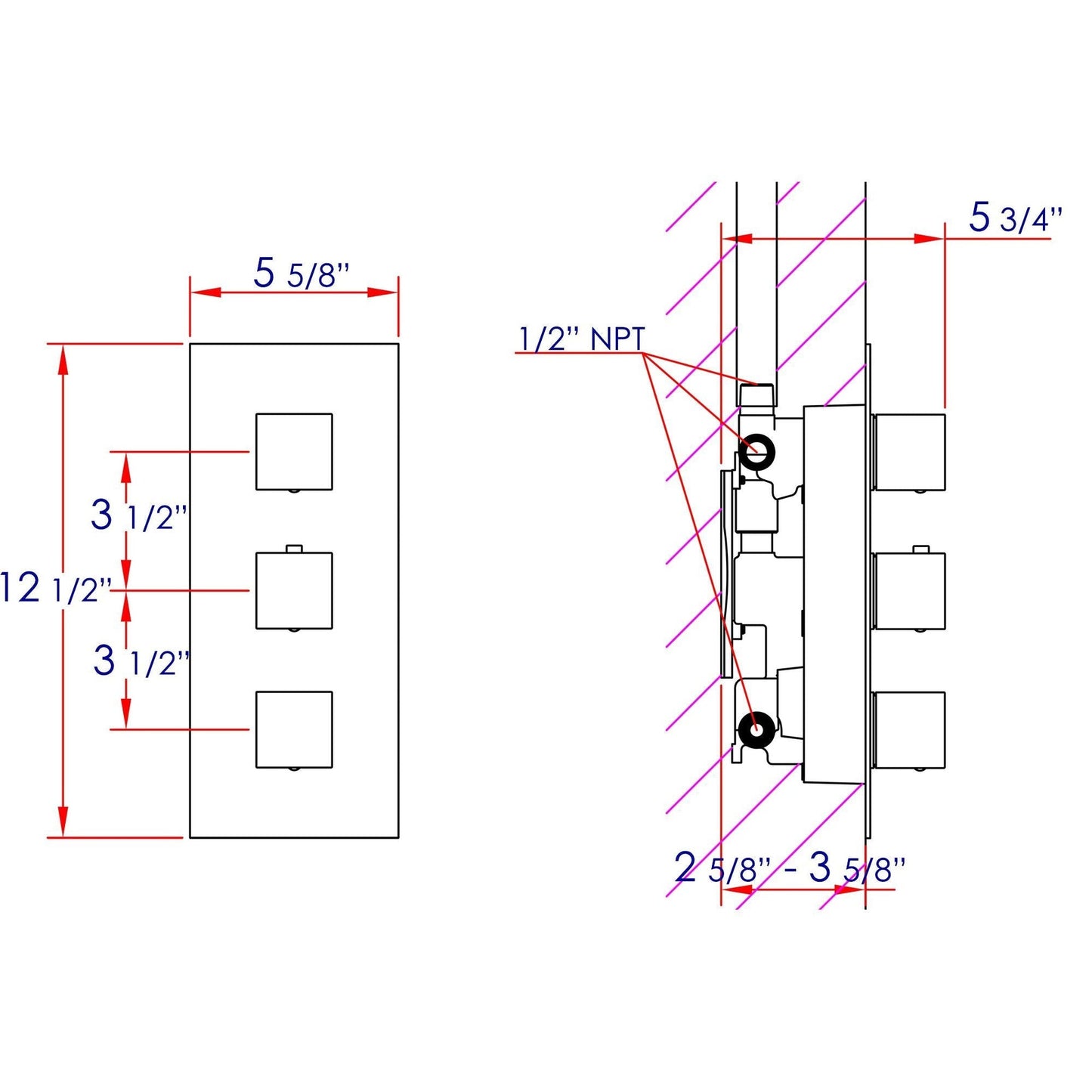 ALFI Brand AB2901-BN Rectangle Brushed Nickel Concealed 4-Way Thermostatic Valve Shower Mixer With Square Knobs