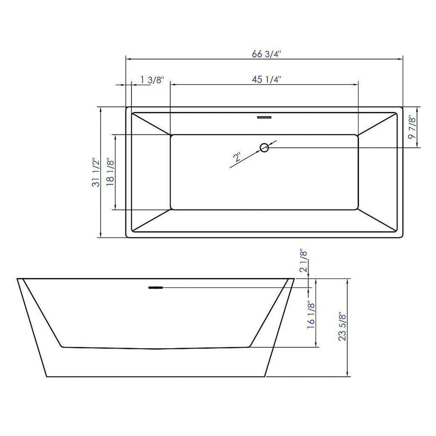 ALFI Brand AB8832 67" One Person Freestanding White Rectangle Acrylic Soaking Bathtub
